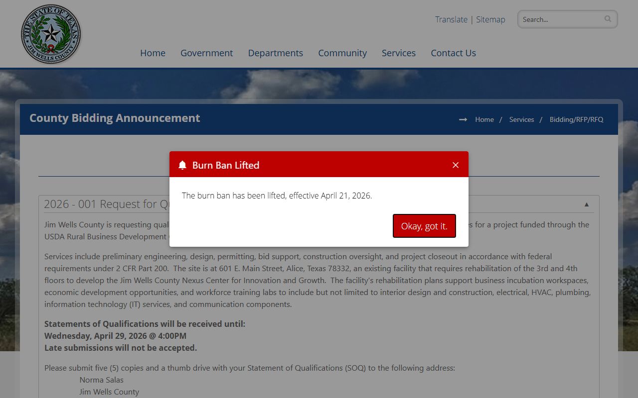 Jim Wells County bidding page with inmate healthcare RFP information