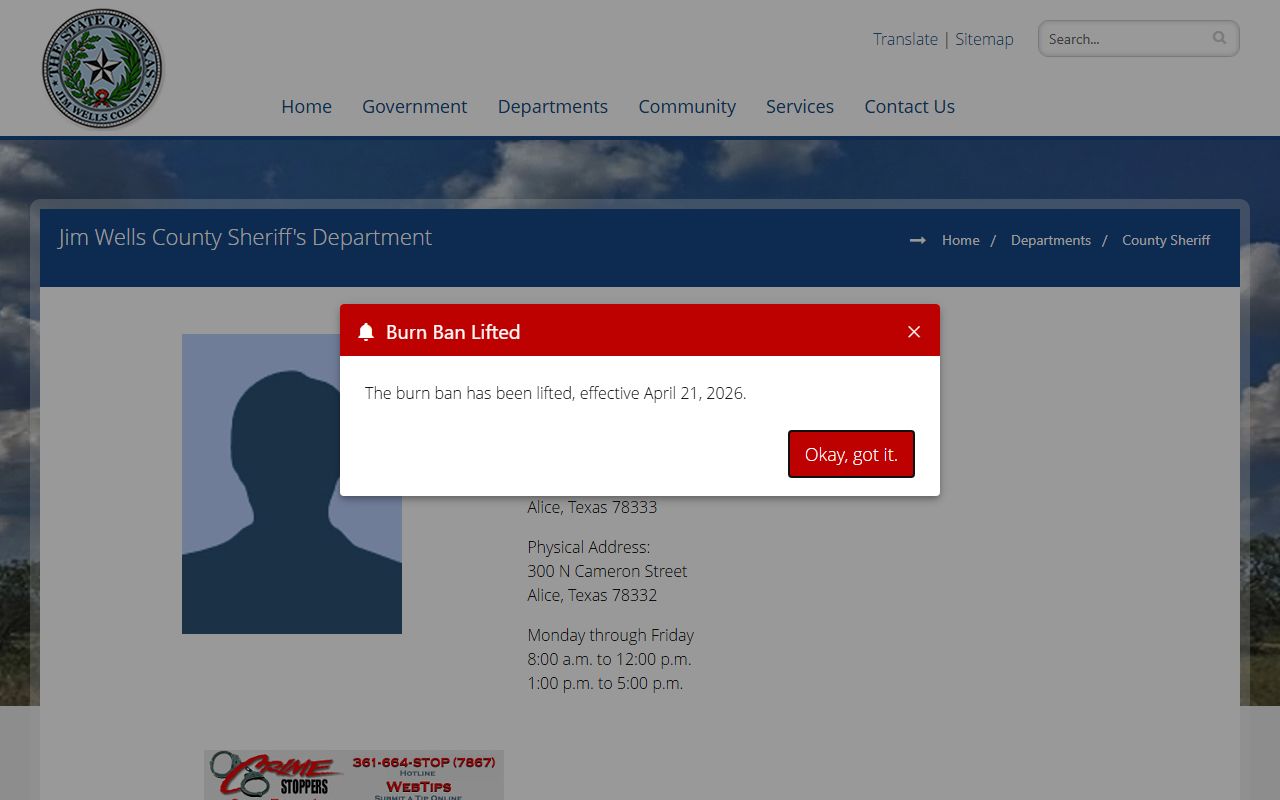 Jim Wells County sheriff page showing sheriff contact information and office hours