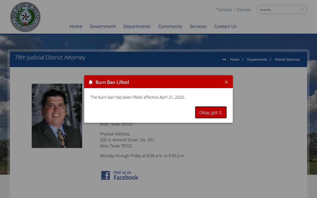 Jim Wells County District Attorney page listing Carlos Omar Garcia and office contact information