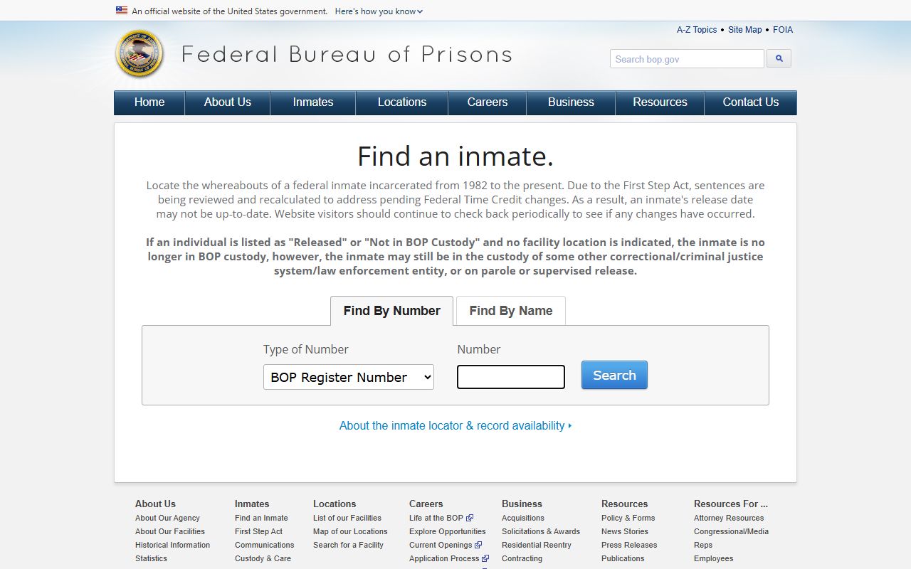 Federal Bureau of Prisons inmate locator showing federal custody search fields rather than county mugshots
