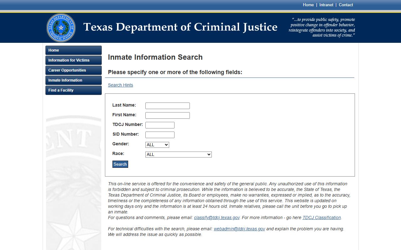 Texas Department of Criminal Justice inmate search portal for sentenced state prisoners